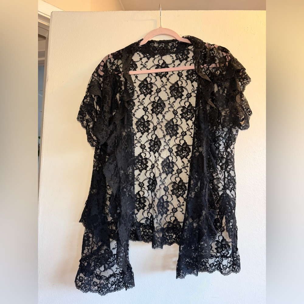 Black Floral Lace Open Front Kimono